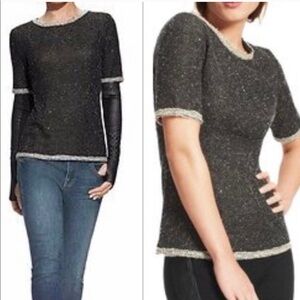 Cabi Coco Shell Top Short Sleeve Tweed Gray Pullover size small